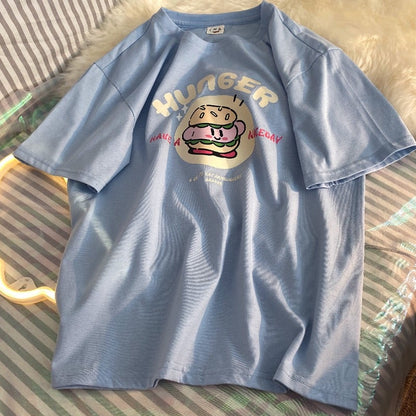 Burger Japanese Anime Print Loose Short Sleeve T-shirt