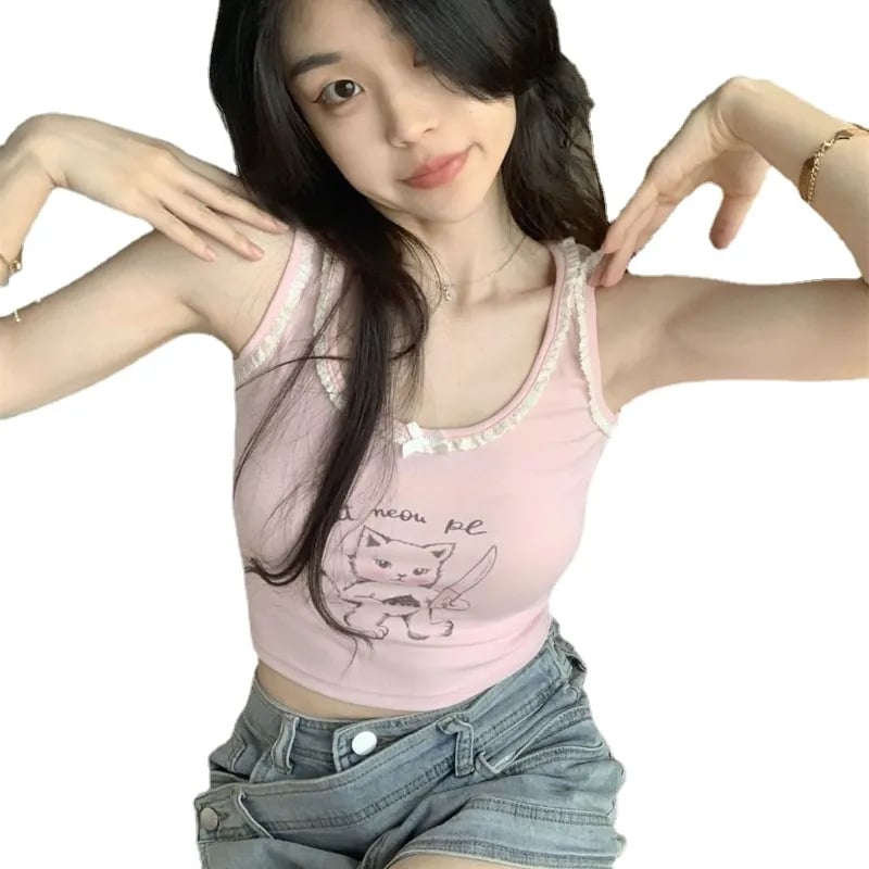 Pink Cat Lace Tank Top
