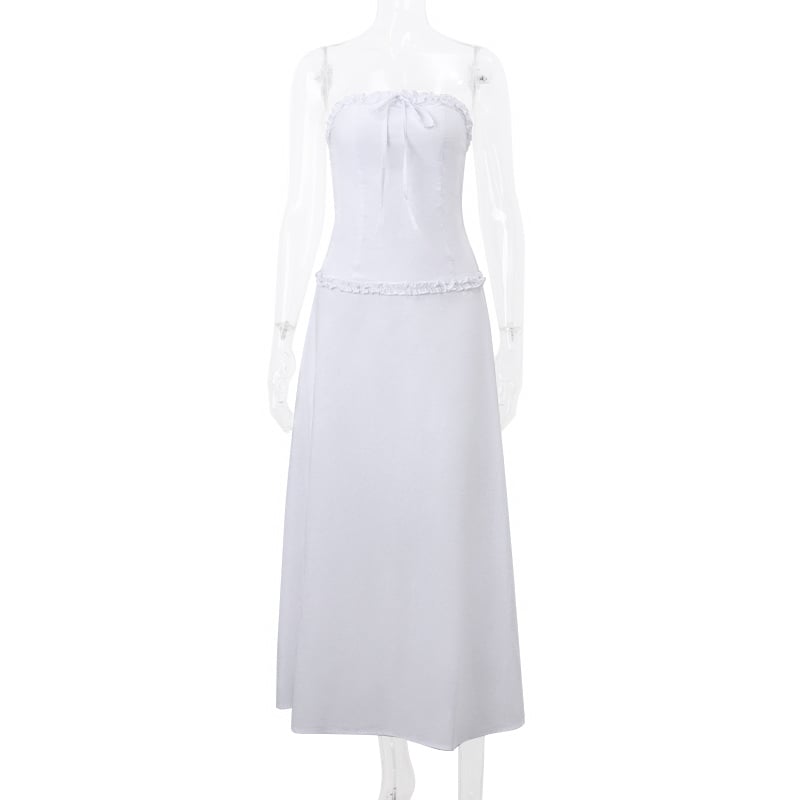 2PCS White Strapless Lace Ruffle Top + Long Skirt Set