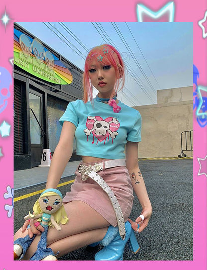 Cute Pink Love Heart Skull Print Short Sleeve T-shirt Crop Top Summer Casual Goth Punk E-Girl Kawaii Korean Japanese Harajuku Streetwear