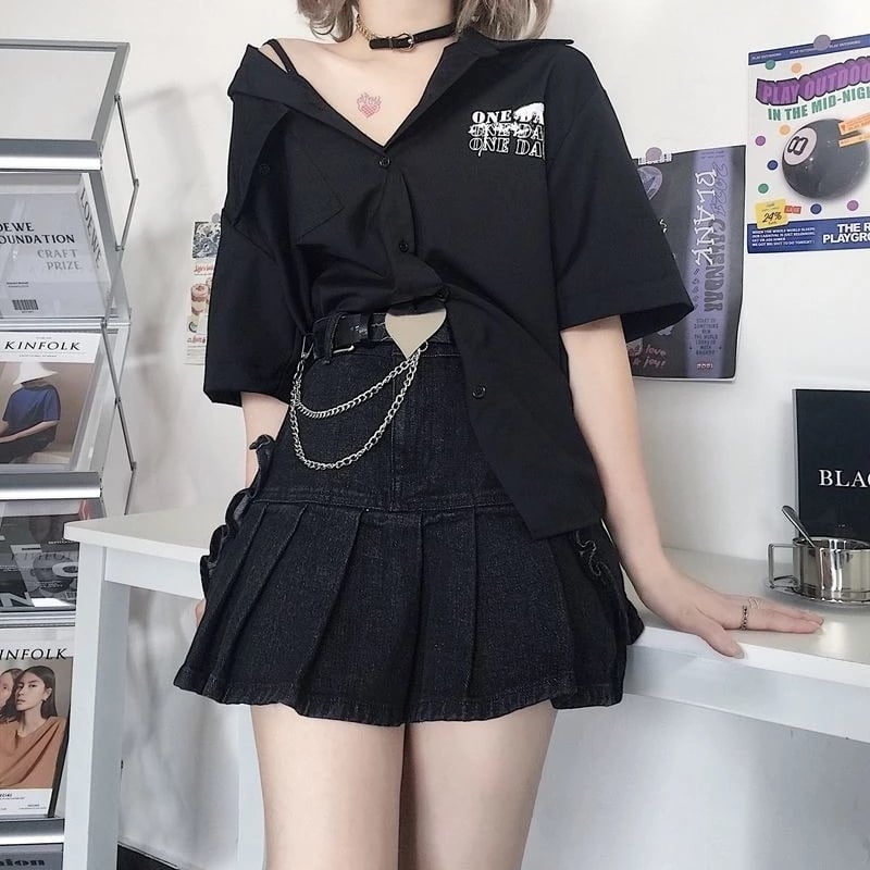 Cute Black Heart Bow Pocket Denim Mini Skirt High Waisted Pleated Aesthetic Goth Casual Summer E-Girl Kawaii Korean Japanese Harajuku
