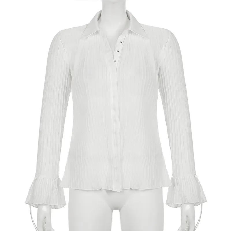 White Button Down Long Sleeve Flare Blouse