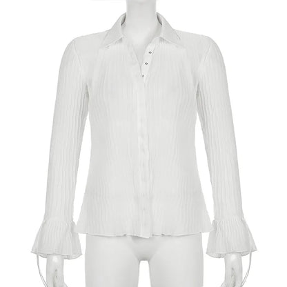 White Button Down Long Sleeve Flare Blouse