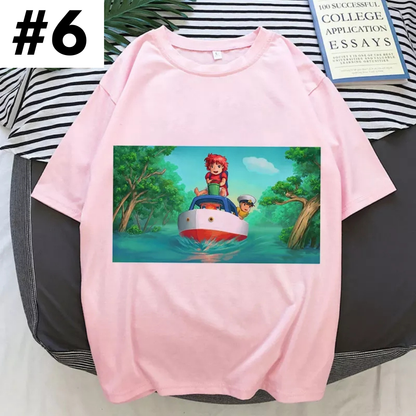 Cute Pink Ponyo Anime Cartoon Print Graphic Short Sleeve Shirt Top Summer Aesthetic Casual E-Girl Kawaii Korean Japanese Harajuku