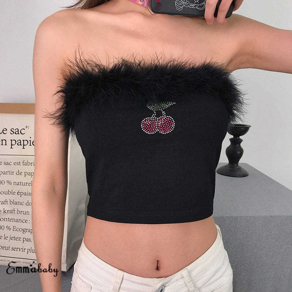 Cute Sexy Cherry Crystal Fluffy Fur Crop Top Off the Shoulder Tube T-shirt Tee Shirt E-Girl Kawaii Korean Japanese Harajuku Retro Streetwear Fashion