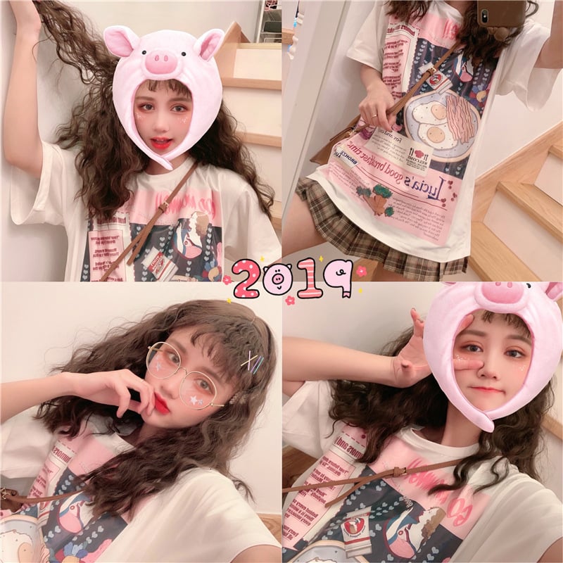 Cute Funny Cartoon Egg Bacon Breakfast Food Graphic Short Sleeve Shirt Tee T-shirt E-Girl Kawaii Korean Japanese Harajuku Chinese Retro Streetwear