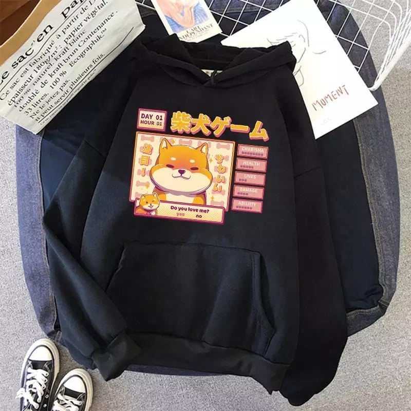 Cute Pastel Shiba Inu Dog Cartoon Print 90s Oversized Hoodie Sweater Sweatshirt Pullover Winter E-Girl Kawaii Korean Japanese Harajuku Streetwear