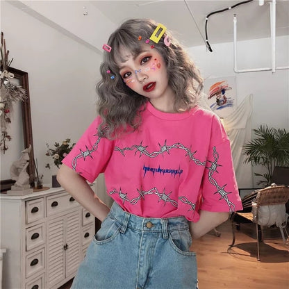 Cute Casual Vintage Punk Goth Print Crop Top Short Sleeve Shirt Tee T-shirt E-Girl Kawaii Korean Japanese Harajuku Chinese Retro Streetwear Aesthetic
