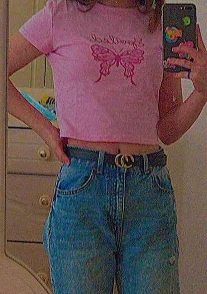 Cute Pink Butterfly Glitter Sparkle Print Crop Top Short Sleeve Shirt Tee T-shirt Summer Casual E-Girl Kawaii Korean Japanese Harajuku Streetwear