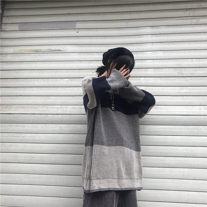 Grey Stripe Patchwork Sweater