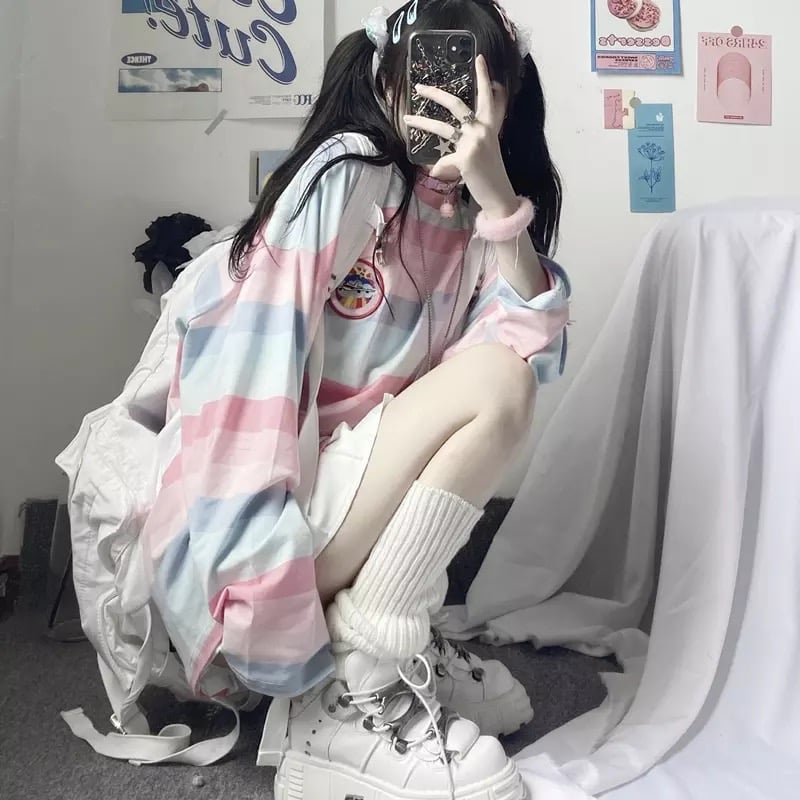 Pastel Rainbow Stripe Colorful Loose Oversize Long Sleeve Shirt T-shirt Top Embroidery Casual Autumn E-Girl Kawaii Korean Japanese Harajuku Streetwear