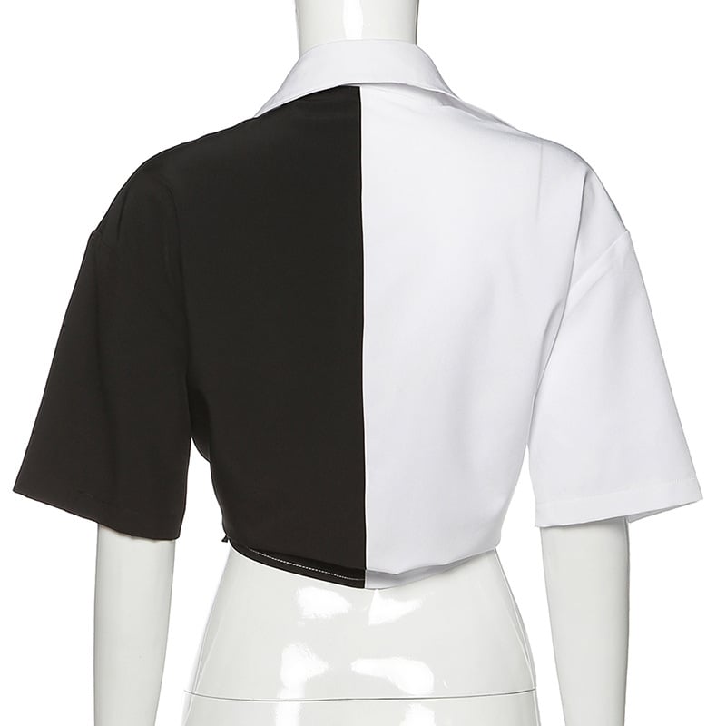 Cute Sexy Black White Patchwork Casual Crop Short Sleeve Shirt Tee T-shirt E-Girl Kawaii Korean Japanese Harajuku Chinese Retro Streetwear Aesthetic