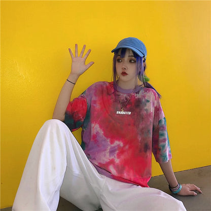 Cute Tie Dyed Hip Hop Casual Punk Goth Loose Oversized Short Sleeve Shirt Tee T-shirt E-Girl Kawaii Korean Japanese Harajuku Chinese Retro Streetwear