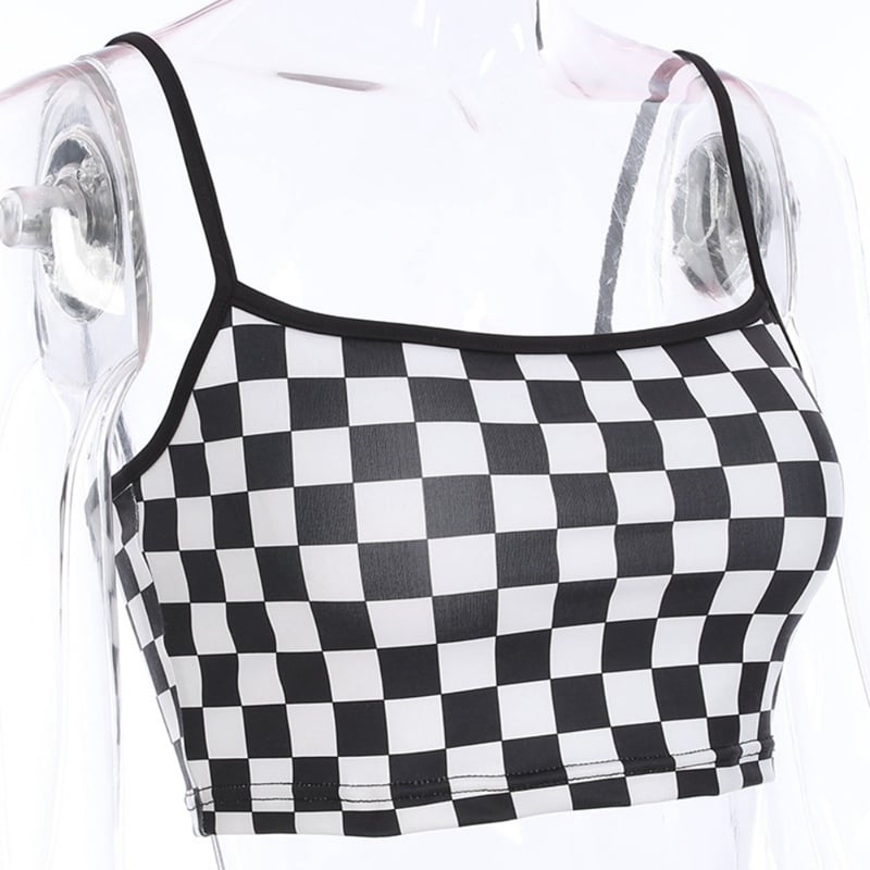 Cute Sexy Black White Checkered Plaid Tank Cami Crop Top Shirt Tee T-shirt E-Girl Kawaii Korean Japanese Harajuku Chinese Retro Streetwear Aesthetic