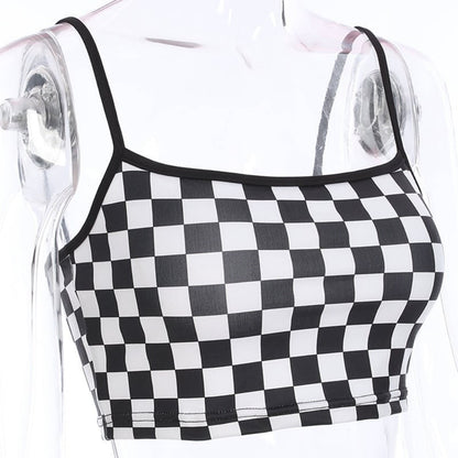 Cute Sexy Black White Checkered Plaid Tank Cami Crop Top Shirt Tee T-shirt E-Girl Kawaii Korean Japanese Harajuku Chinese Retro Streetwear Aesthetic