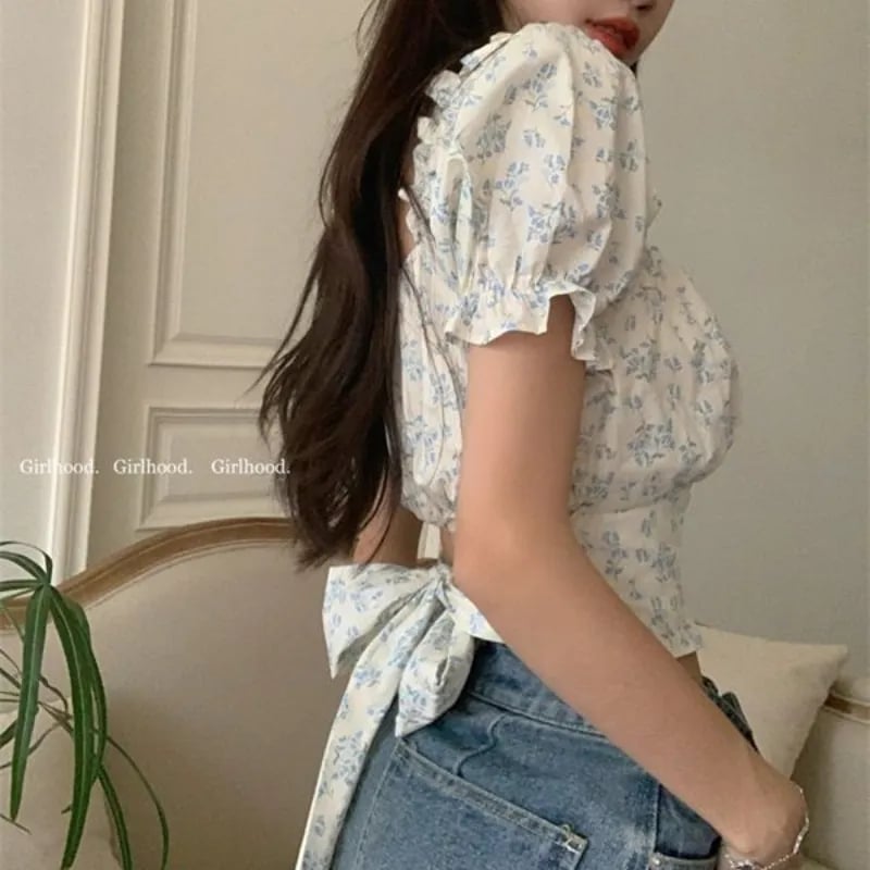 Blue Floral Bandage Puff Sleeve Square Collar Top