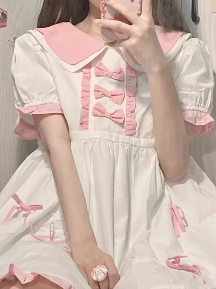 Sweet Pink Bow Short Sleeve Dress