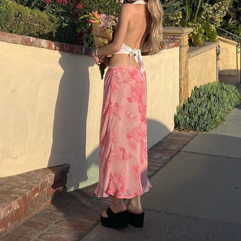 Pink Floral Low Waist Skirt