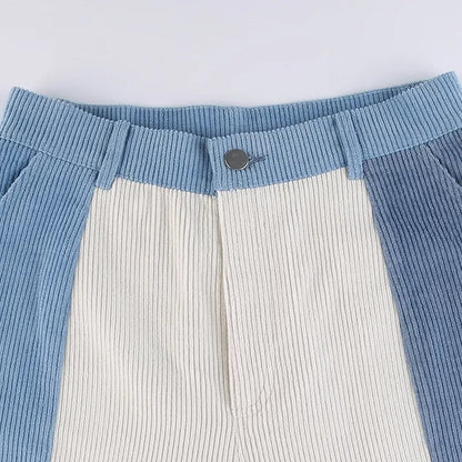 Blue Patchwork Corduroy High Waist Trousers