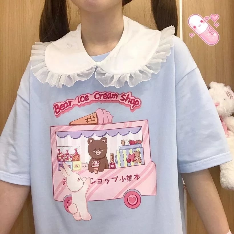 Sweet Bear Ice Cream Shop Print Loose Short Sleeve T-shirt