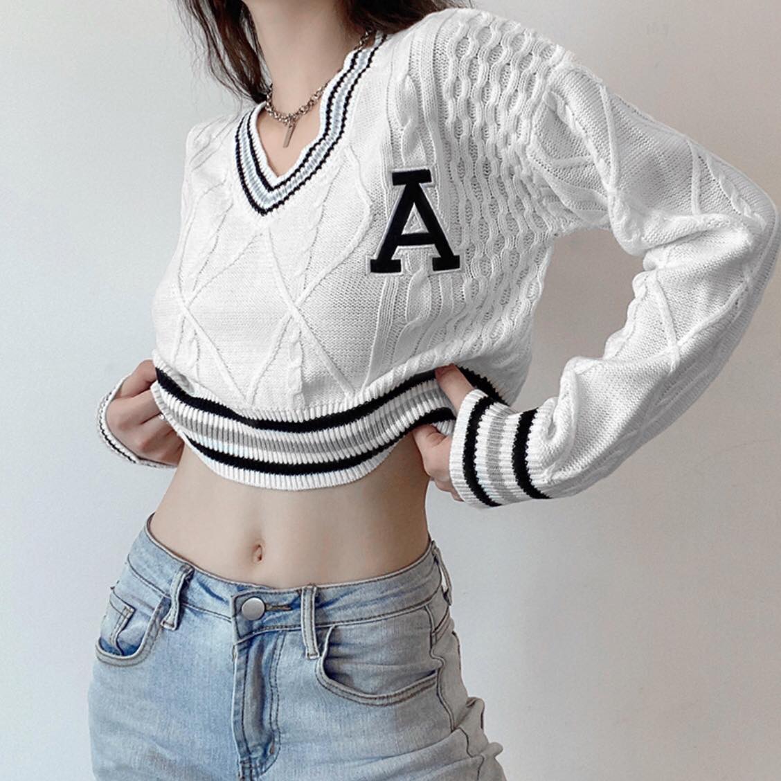 White Varsity V Neck Long Sleeve Crop Top Knit Pullover Sweater Jumper Autumn Aesthetic Casual E-Girl Kawaii Korean Japanese Harajuku