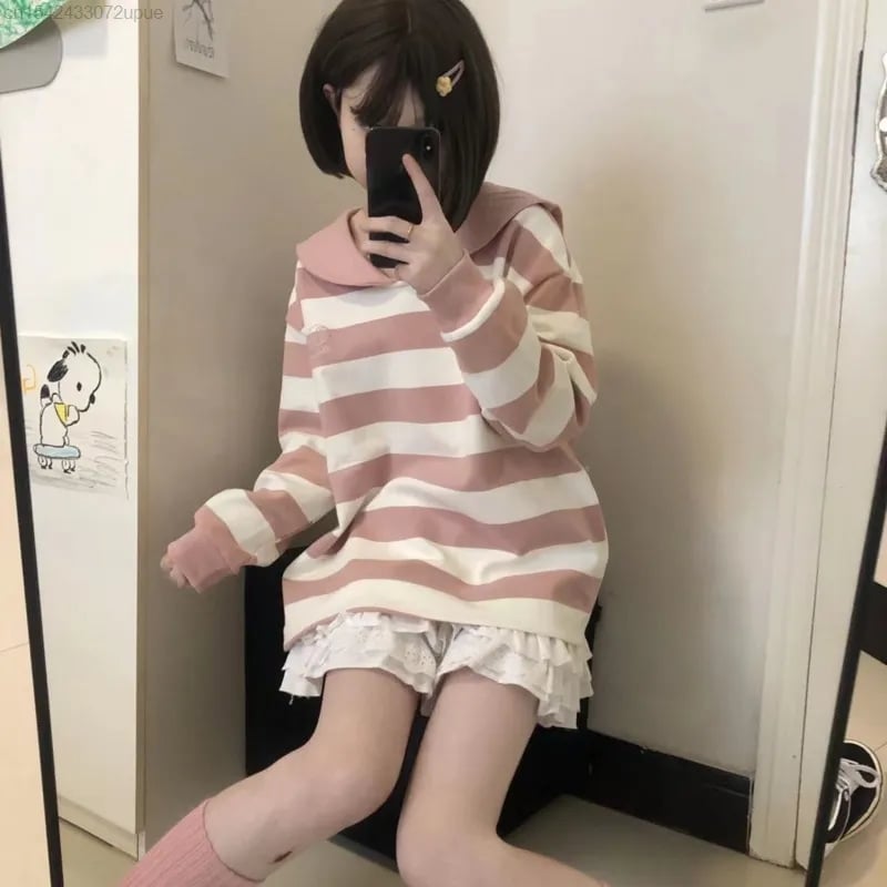 Japanese Anime Collar Stripe Long Sleeve Shirt