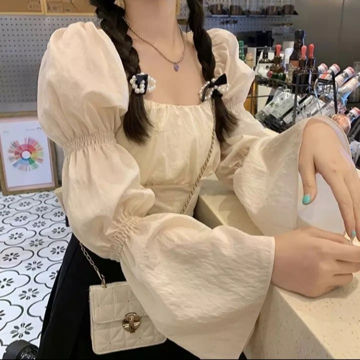 Cute Pink Back Puff Sleeve French Bow Bandage Long Sleeve Shirt Blouse Crop Top Square Neck Aesthetic Casual E-Girl Kawaii Korean Japanese Harajuku