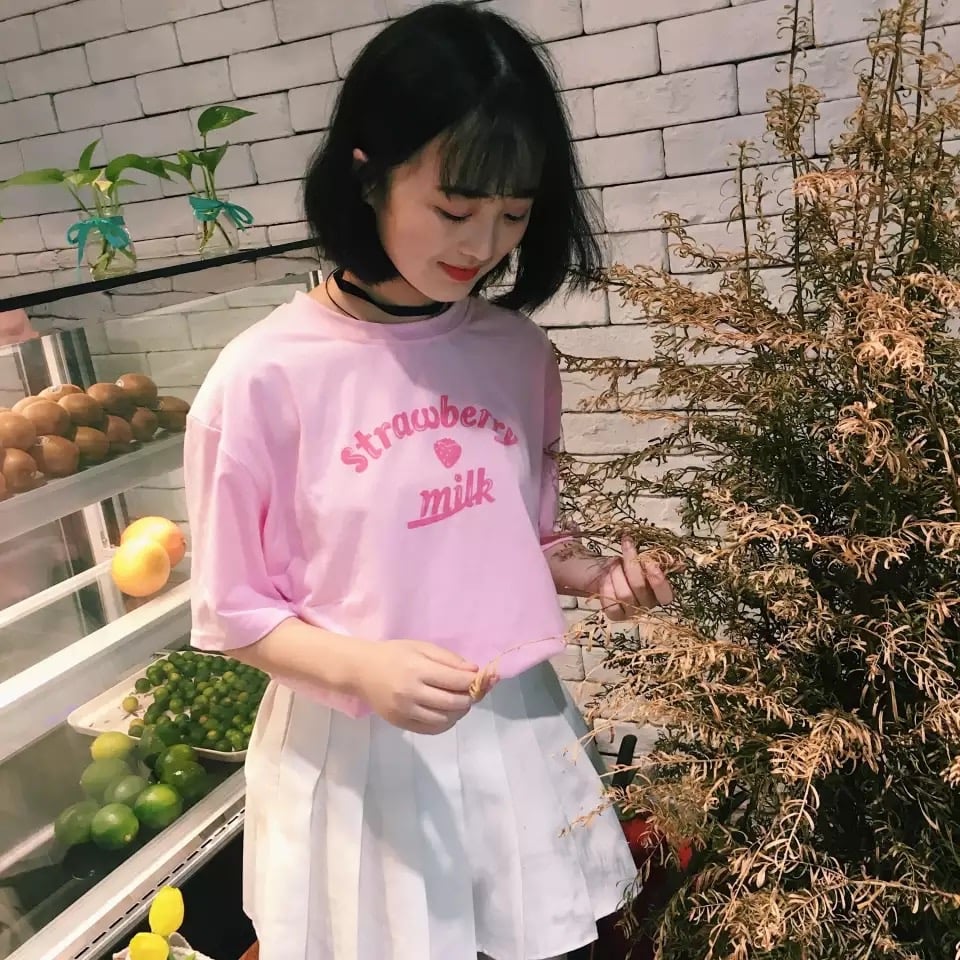 Cute Pastel Pink Strawberry Milk Causal Letter Print Short Sleeve T-shirt Top Tee Shirt E-Girl Kawaii Korean Japanese Harajuku Streetwear