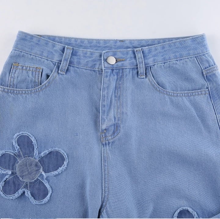 Cute Vintage Floral Patchwork Blue Denim High Waisted Jeans Pants Trouser Aesthetic Casual Summer E-Girl Kawaii Korean Japanese Harajuku