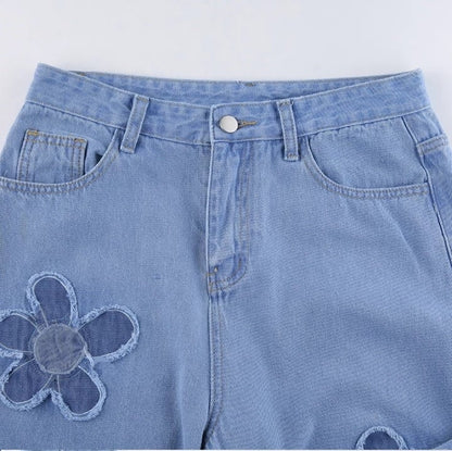 Cute Vintage Floral Patchwork Blue Denim High Waisted Jeans Pants Trouser Aesthetic Casual Summer E-Girl Kawaii Korean Japanese Harajuku
