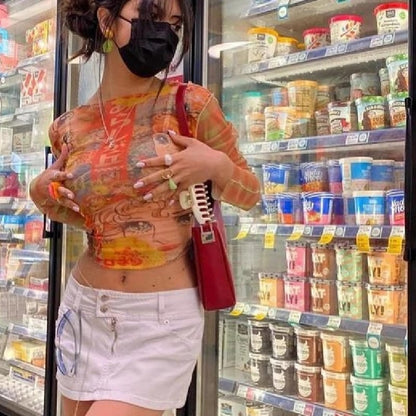 Cute Vintage Sheer Mesh 90s Long Sleeve Shirt Crop Top Summer Aesthetic Casual Streetwear E-Girl Kawaii Korean Japanese Harajuku