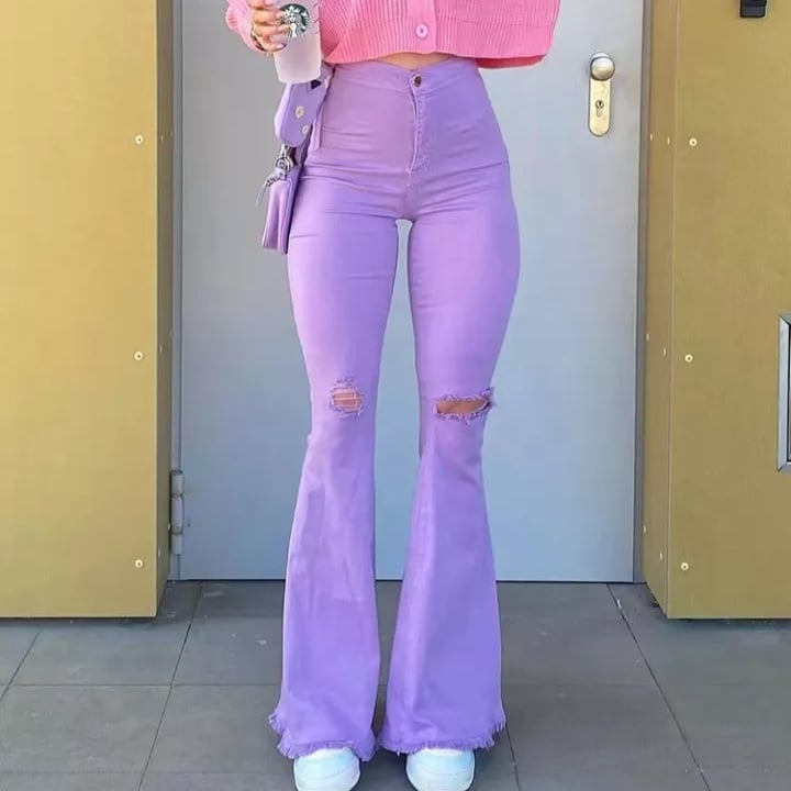 Cute Purple Flare Jeans High Waist Baggy Wide Leg Pants Ripped Trouser Summer Aesthetic Casual E-Girl Kawaii Korean Japanese Harajuku