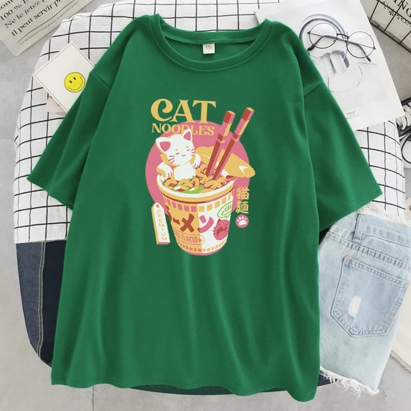 Cute Cat Noodle Ramen Graphic Cartoon Print Loose Short Sleeve T-shirt Aesthetic Casual Summer E-Girl Kawaii Korean Japanese Harajuku