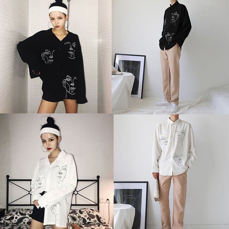 Cute Face Asymmetrical White Long Sleeve Shirt Tee T-shirt Top Blouse E-Girl Kawaii Korean Japanese Harajuku Retro Streetwear Aesthetic