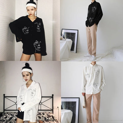 Cute Face Asymmetrical White Long Sleeve Shirt Tee T-shirt Top Blouse E-Girl Kawaii Korean Japanese Harajuku Retro Streetwear Aesthetic