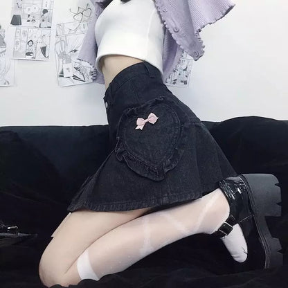 Cute Black Heart Bow Pocket Denim Mini Skirt High Waisted Pleated Aesthetic Goth Casual Summer E-Girl Kawaii Korean Japanese Harajuku