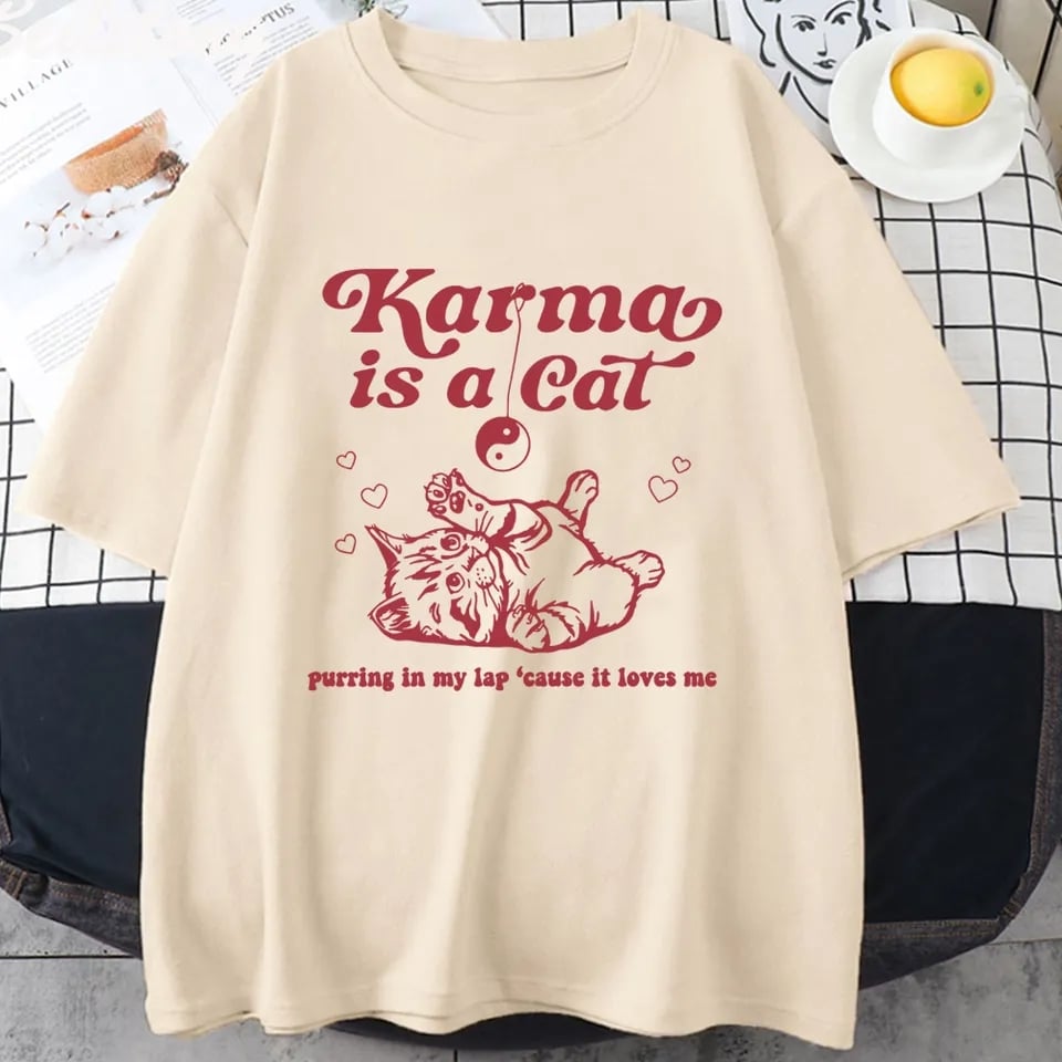 Karma Cat Print Short Sleeve T-shirt