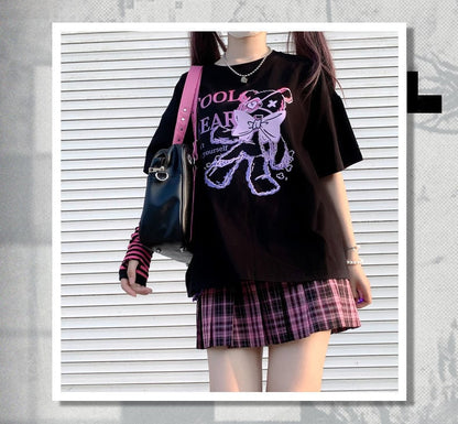 Black Bear Bow Cartoon Print Short Sleeve Tee Shirt T-shirt Top Goth Punk Causal Summer E-Girl Kawaii Korean Japanese Harajuku Streetwear