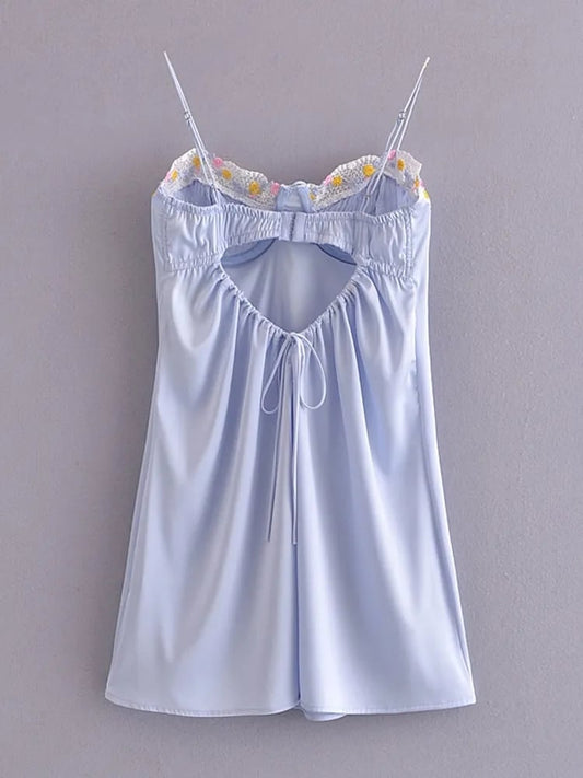 Light Blue Floral Embroidery Mini Dress