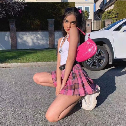 Cute Pink Plaid Checkered Pleated High Waisted Mini Skirt A-line Chic Goth Punk Club E-Girl Kawaii Korean Japanese Harajuku Streetwear