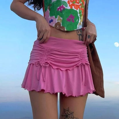 Low Waist Drawstring Pleated Ruffle Mini Skirt