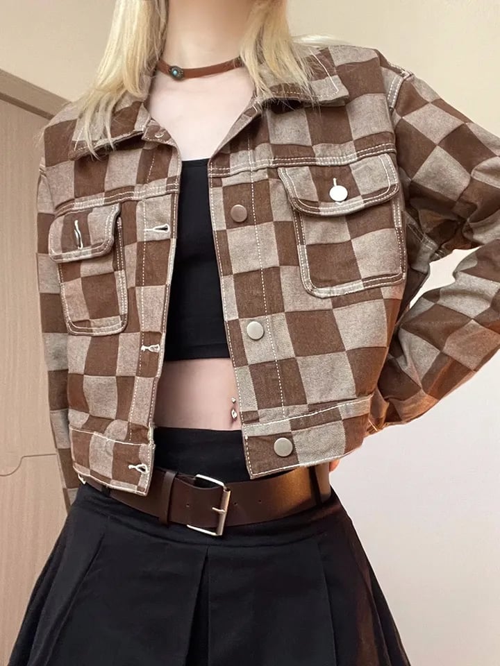 Brown Checkboard Cropped Denim Jacket