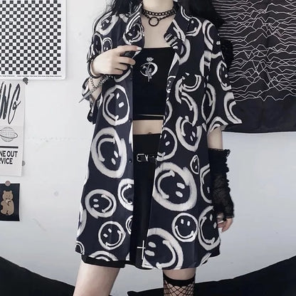 Black Smiley Happy Face Cartoon Print Button Down Oversize Short Sleeve Shirt Goth Aesthetic Casual Summer E-Girl Kawaii Korean Japanese Harajuku
