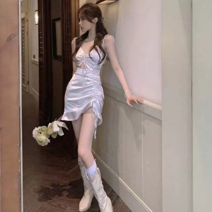 Cute Sexy Silk Sling French Mini Bodycon Dress Party Club Summer Aesthetic Casual E-Girl Kawaii Korean Japanese Harajuku