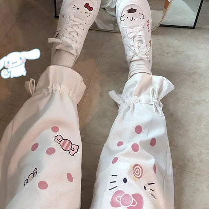 Cute White Kitty Cat Cartoon Print High Waisted Straight Pants Trousers Aesthetic Casual Summer E-Girl Kawaii Korean Japanese Harajuku