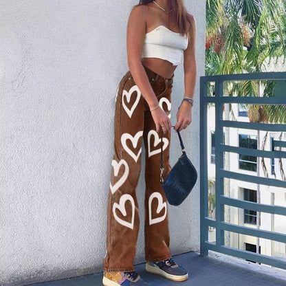 Cute 90s Vintage Heart Print Baggy Mom Jeans Denim High Waisted Trousers Pant Aesthetic Summer Party E-Girl Kawaii Korean Japanese Harajuku Streetwear
