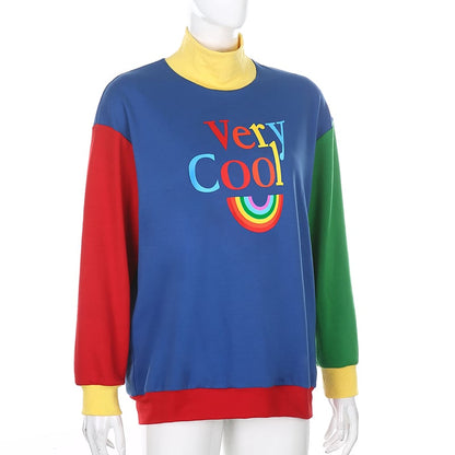 Cute Rainbow Cool Letter Embroidery Aesthetic Sweatshirt Long Sleeve Shirt Turtleneck Top Casual E-Girl Kawaii Korean Japanese Harajuku Streetwear