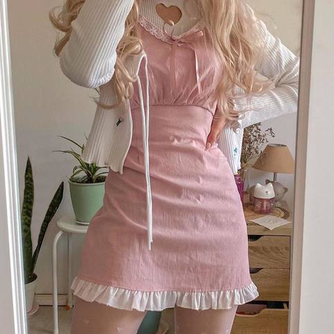 Pink Ruffles Short Sleeve Lace Patchwork Dress Summer Aesthetic Casual E-Girl Kawaii Korean Japanese Harajuku