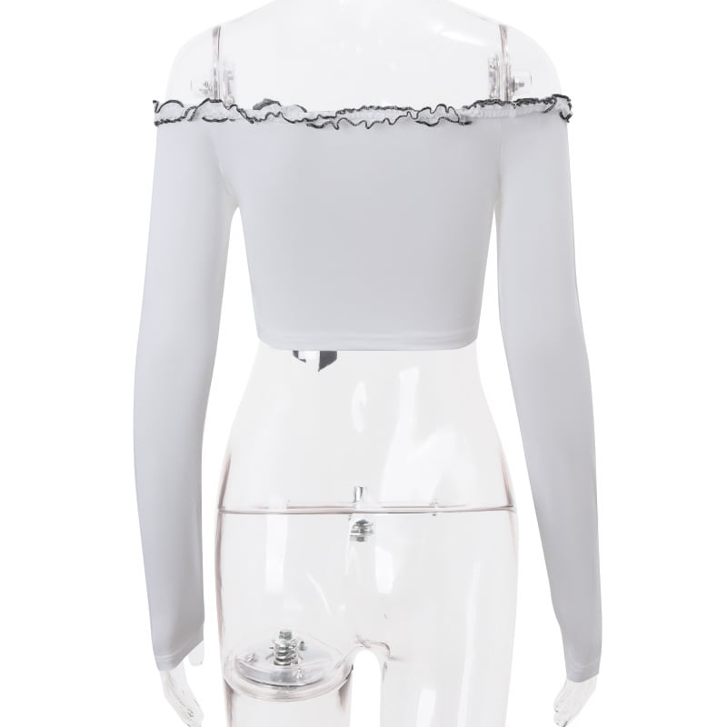 Ruffle Off Shoulder Lace Up Long Sleeve Top