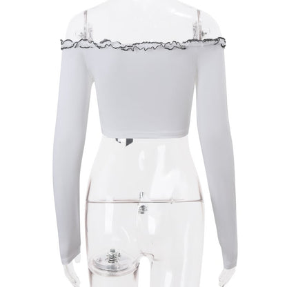 Ruffle Off Shoulder Lace Up Long Sleeve Top